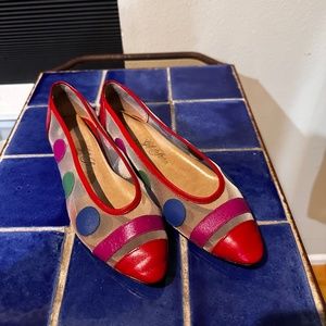 Polka Dot Flats / Vintage 80s/ Red/ Blue/ Green on Tulle - sz 7.5B